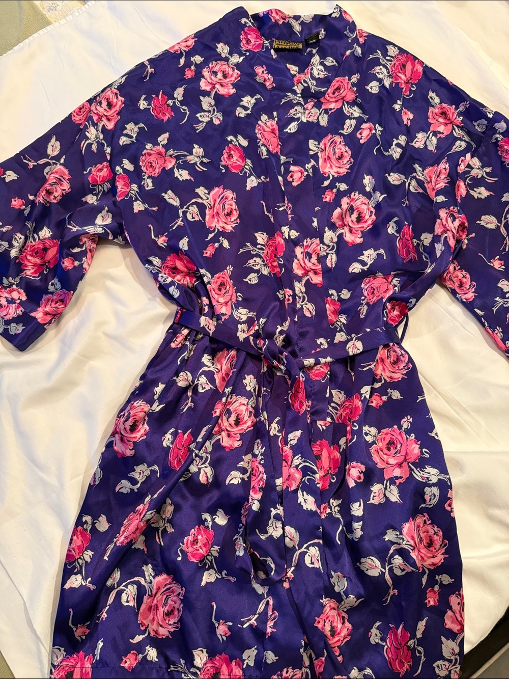 Solange Floral Satin Kimono Robe in Deep Purple with Pink Roses